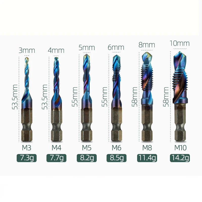 M3 M4 M5 M6 M8 M10 Tap Drill Titanium Plated Hex Shank HSS Screw Machine Compound Hand Tools Metric Thread Tap Drill Bits Set