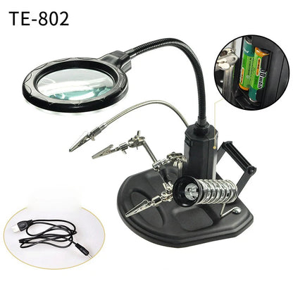 3 Hand Soldering Iron Stand Welding Tool With Magnifying Glass Illuminated LED Alligator Clip Holder Clamp Helping Repair