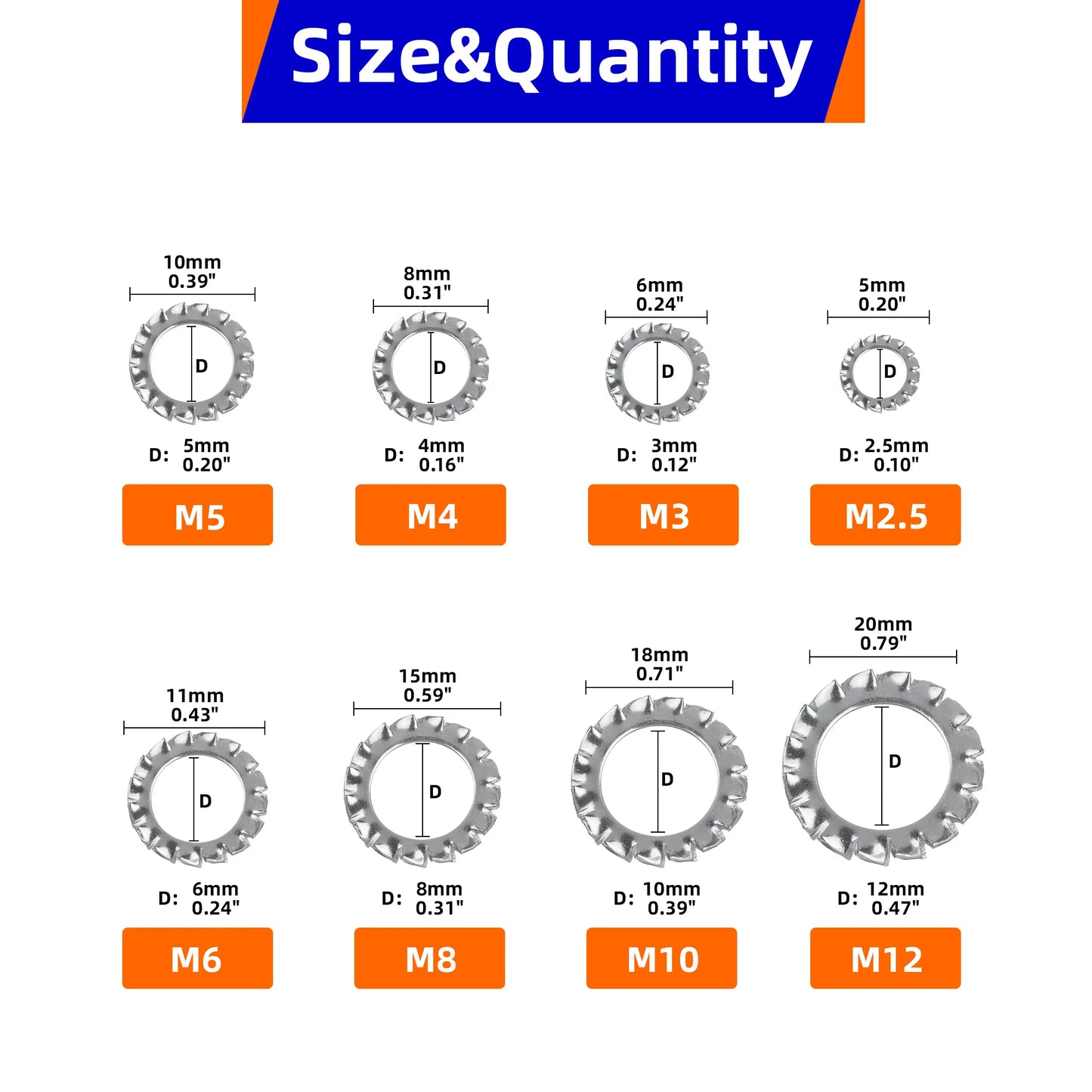 610Pcs 304 Stainless Steel External Tooth Lock Washers, Anti-Vibration Anti-Loose Fastener Kit for Secure Assembly