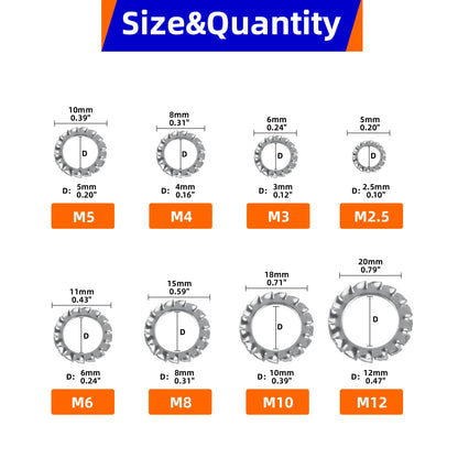 610Pcs 304 Stainless Steel External Tooth Lock Washers, Anti-Vibration Anti-Loose Fastener Kit for Secure Assembly