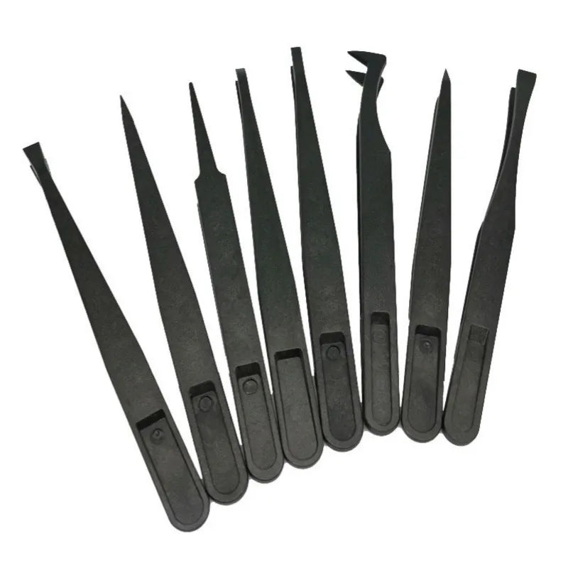 8PCS Flat Tip Anti-static Tweezer 11-12CM Black Flat Tip Plastic Antistatic Tweezers