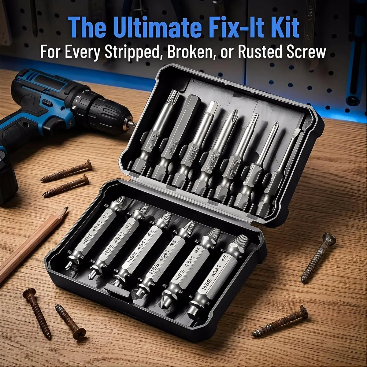 13Pcs Stripped Screw Extractor Set with Case, HSS 4341 Damaged Bolt Remover & S2 Steel Screwdriver Bit Kit