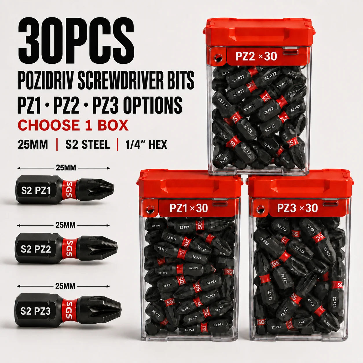 30PCS Pozidriv Screwdriver Bits PZ1 PZ2 PZ3 Options, 25mm S2 Steel Impact Driver Bits, 1/4" Hex for Woodworking & Construction