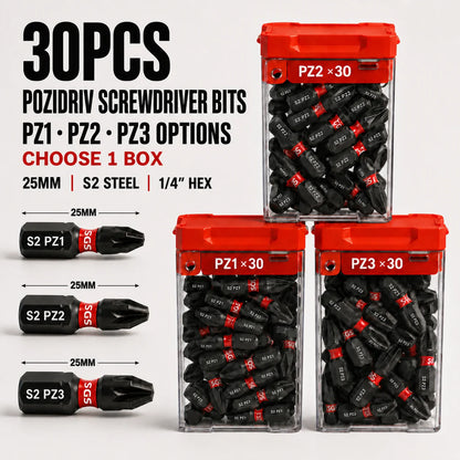 30PCS Pozidriv Screwdriver Bits PZ1 PZ2 PZ3 Options, 25mm S2 Steel Impact Driver Bits, 1/4" Hex for Woodworking & Construction
