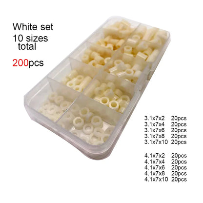 200pcs/set M3 M4 10 Sizes Black White ABS Nylon Plastic Non-Threaded Spacer Hollow Standoff Washer Set Box Assortment Kit