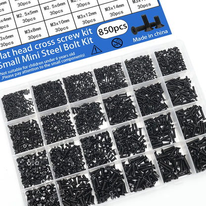 850pcs KM Black Phillips Countersunk Head Screws, Flat Head Screws, Boxed for Mobile Phones, Laptops, Tablets Repair Screws