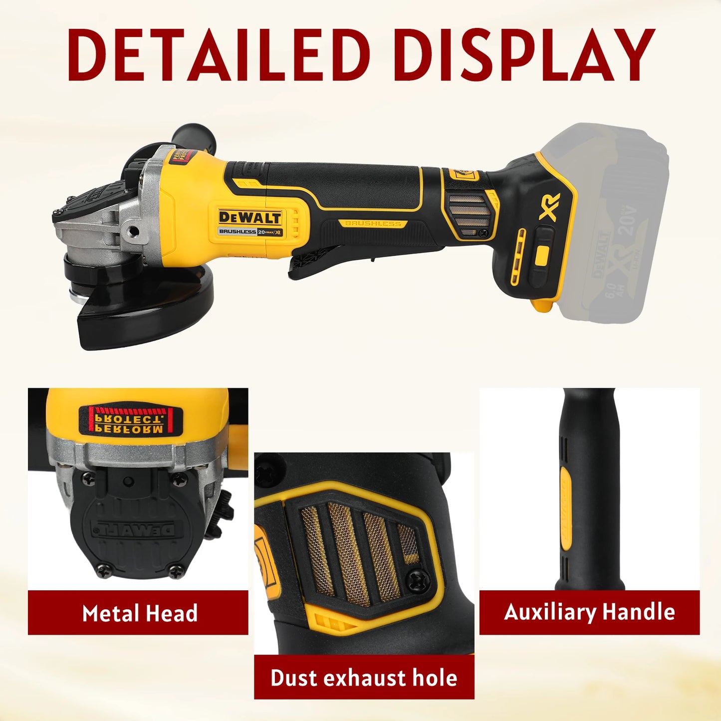 DEWALT DCG405 125mm Flat Head Angle Grinder 18V Brushless Bare Tool for Metal Cutting Wood Grinding