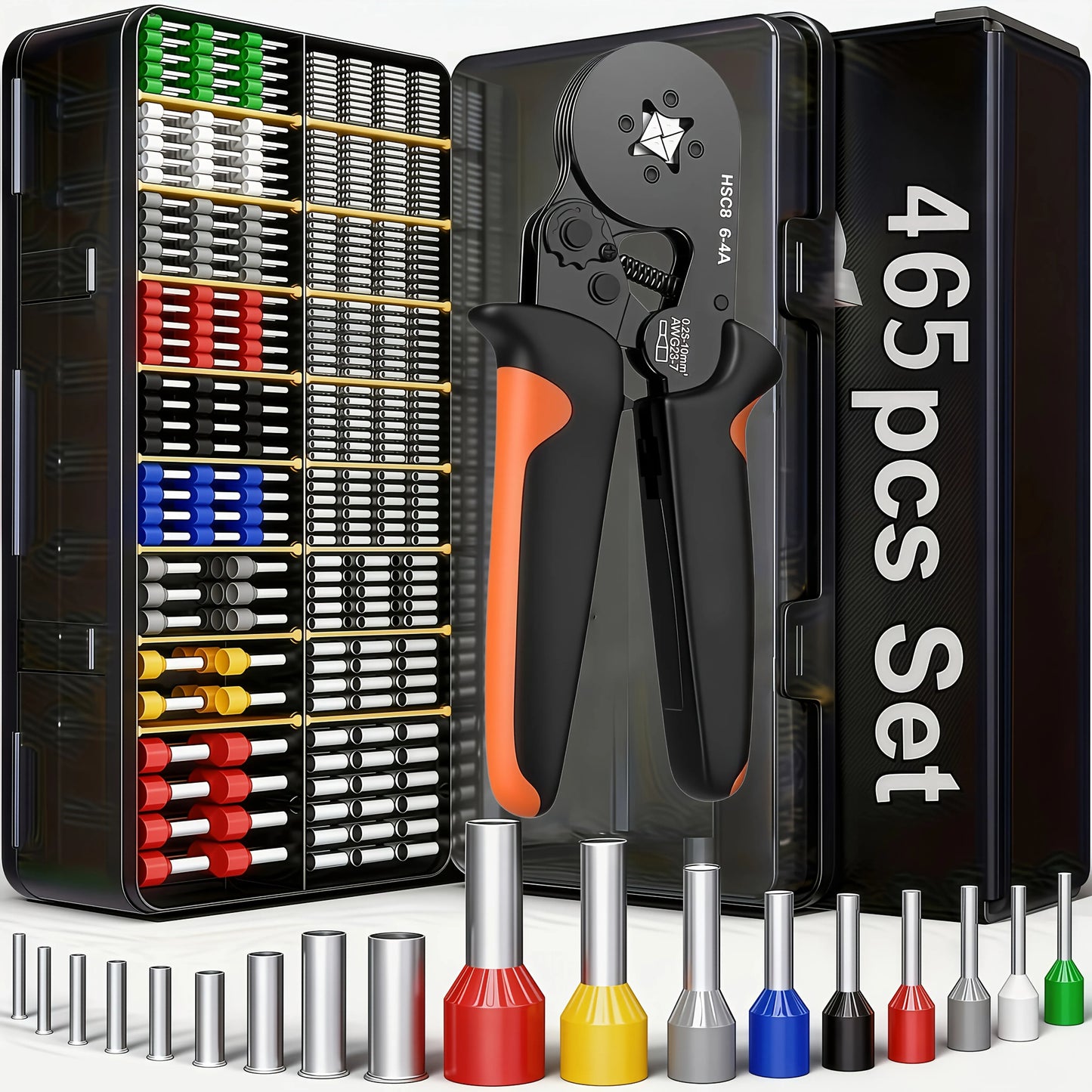 HSC8 6-4 Hexagonal Crimping Pliers with 300 PCS Multi-Specification Insulated Wire Ferrules Terminals Box Kit for Electrical Wir