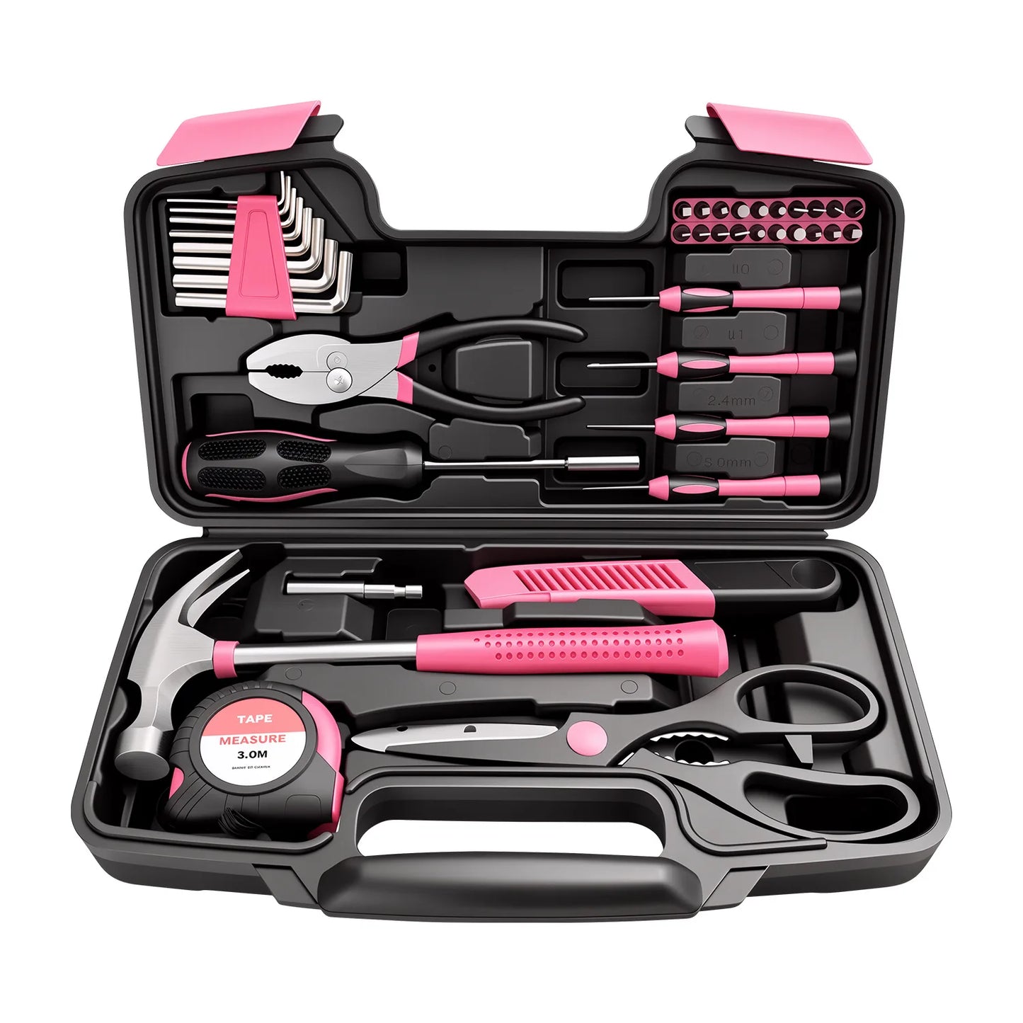 39Pcs Pink Household Hand Tool Kit, Hardware Repair Tool Box with Hammer Pliers Screwdriver Tape Measure Scissors for Home DIY