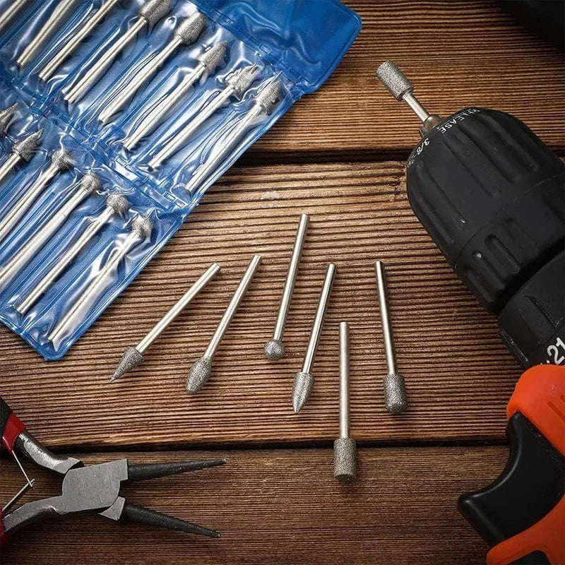 20pcs Diamond Grinding Heads Mini Bit For Rotary Drill Tool Burrs Grinding Accessories 3mm Shank Tools Kit Abrasive Tool