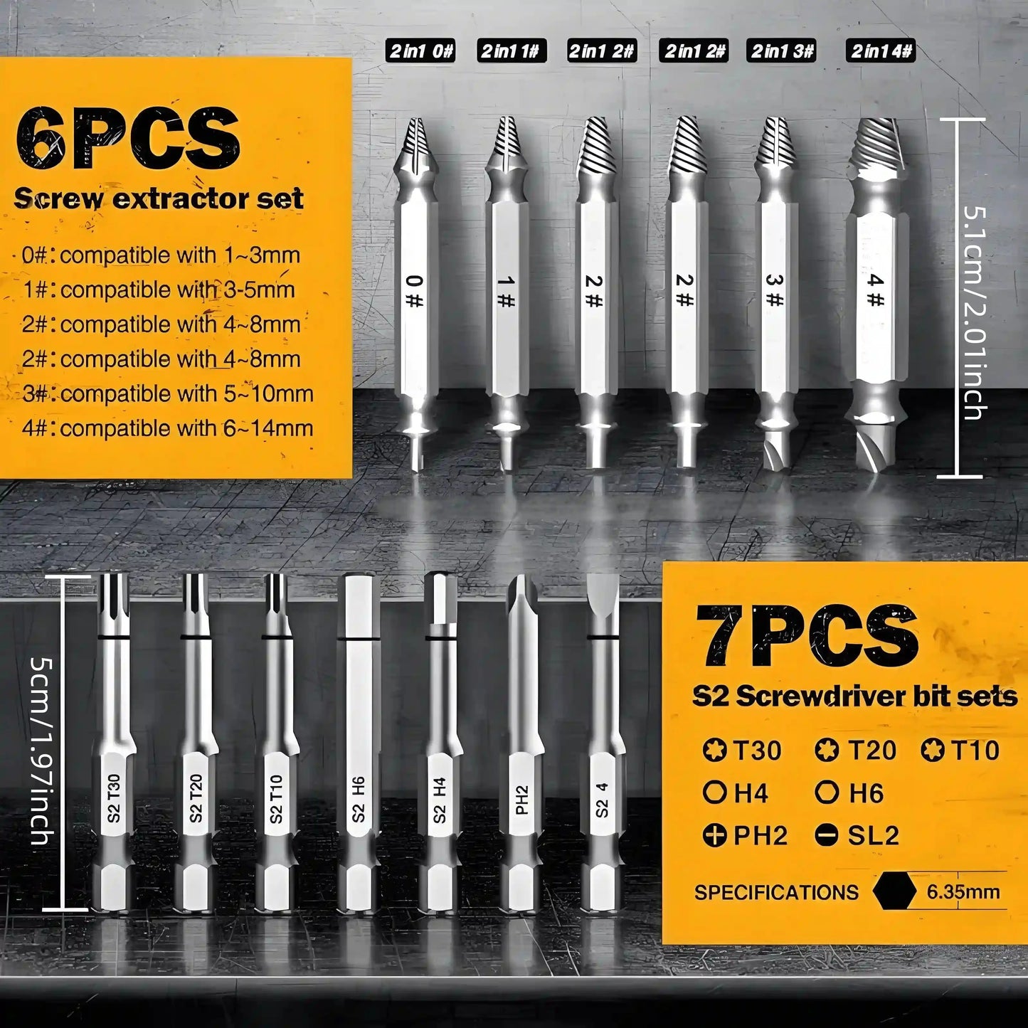 13Pcs Stripped Screw Extractor Set with Case, HSS 4341 Damaged Bolt Remover & S2 Steel Screwdriver Bit Kit