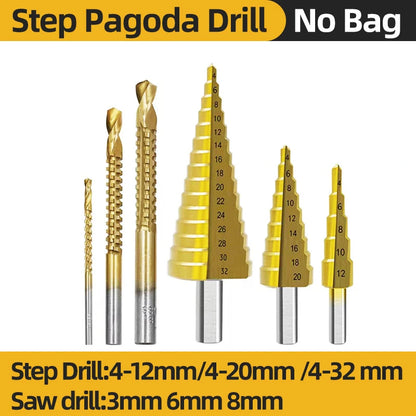 TOOLEYE HSS Titanium Step Drill Bit Stage Drills For Metal Wood High Speed Stepped Drill Set Power Tools 3-12 4-12 4-20 4-32mm