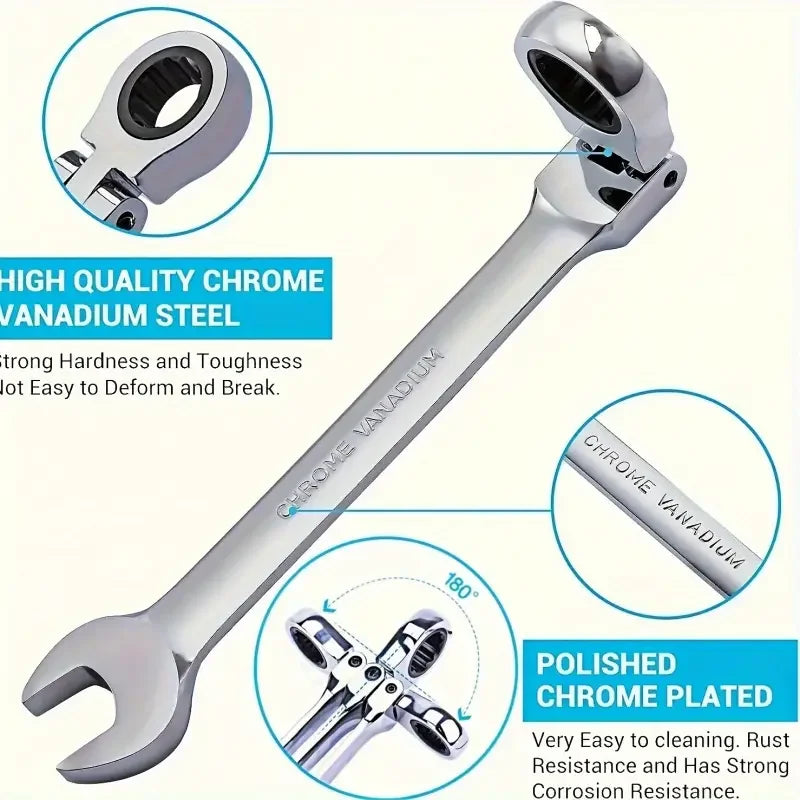 Active Head Ratchet Wrench Set, 8mm Chrome Vanadium Steel Ratchet Quick 180° Headset Activity Set, Heavy Duty Hardware Tools