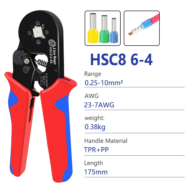 Crimping Tool HSC8 6-4 0.25-10mm for Ferrule Tubular Terminals ² 23-7AWG Ferrule Crimping Clamp Set Wire Head Electrician Tools