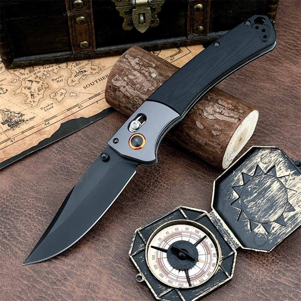 Damascus Steel Folding Pocket Knife BM 15080 with Wood & Blue G10 Handle Heavy-Duty Outdoor Cutting Tool for Daily & Outdoor Use
