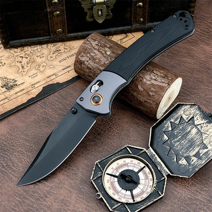 Damascus Steel Folding Pocket Knife BM 15080 with Wood & Blue G10 Handle Heavy-Duty Outdoor Cutting Tool for Daily & Outdoor Use