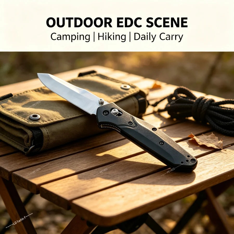 BM 940 Black Folding Knife with D2 Blade, Nylon Fiber Handle. Essential for Outdoor Camping. Compact Design, Precise and Durable. Ideal Gift for Men.