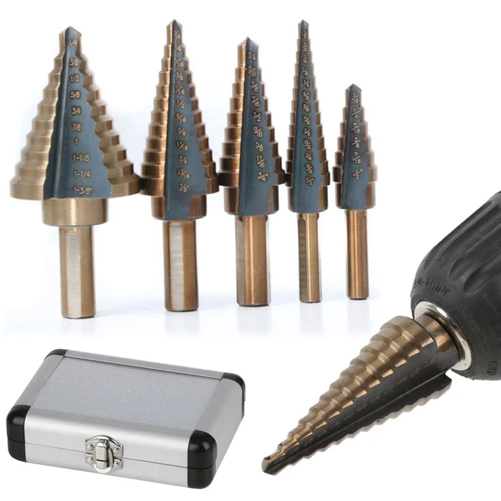 5Pcs Step Drill Bit Set HSS Cobalt 50 Sizes Conical Hole Cutter Titanium Coated Carbide Drill Bits Punch Tool for Stainless Steel Iron Sheet Metal Wood Plastic Aluminum Drilling Hardware Industrial Grade