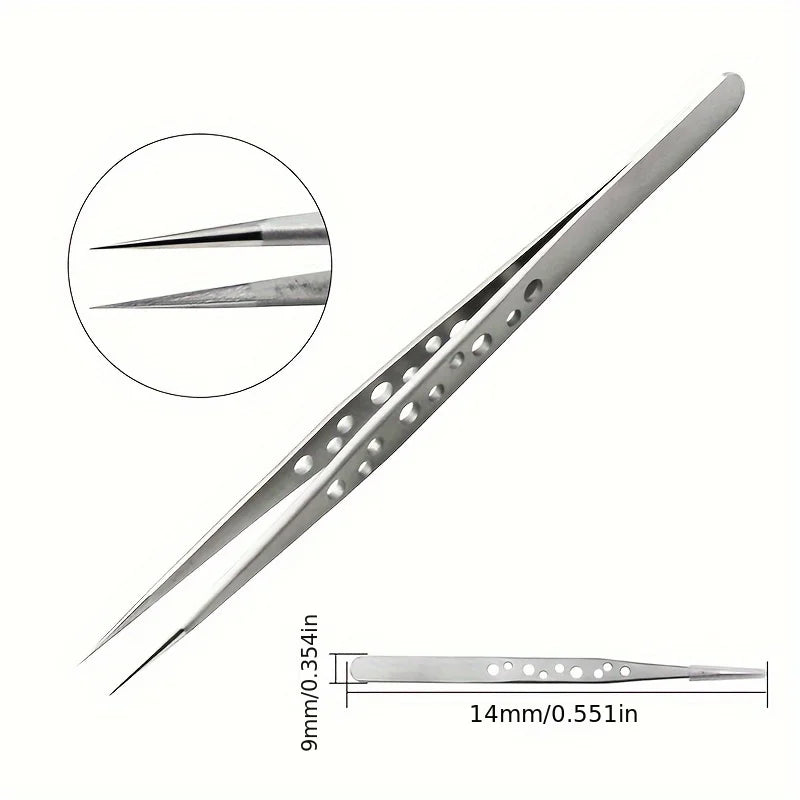 Stainless Steel Precision Tweezers，Straight & Curved Tip with Vent Holes, Anti-Slip Fine Point Tweezers for Electronics Repair