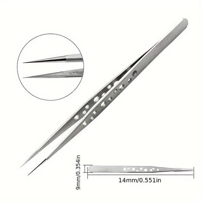 Stainless Steel Precision Tweezers，Straight & Curved Tip with Vent Holes, Anti-Slip Fine Point Tweezers for Electronics Repair