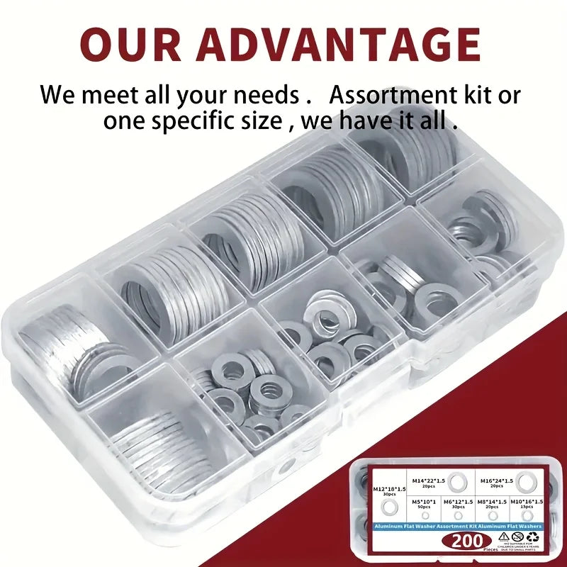 200-Piece Drain Plug Gasket Set, 7 Sizes Aluminum Crush Washer Combination Set, Automotive, Crush Washer Oil Drain Plug M6 M8 M10 M12 M14 M16