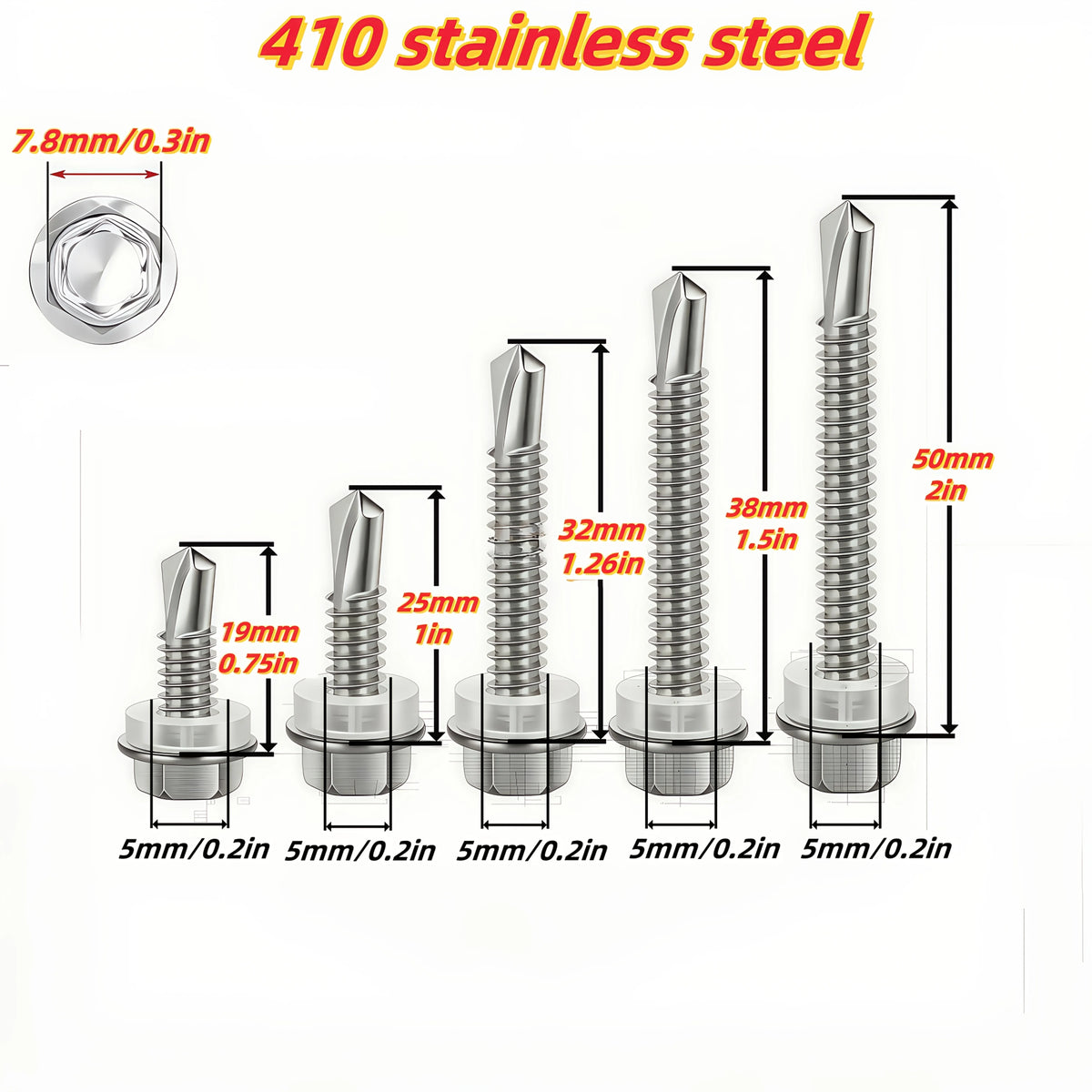 100pcs 410 Stainless Steel Magnetic Hex Washer Head TEK Self-Tapping Screws with Free Sockets - 5mm Coarse Thread, Full Thread R