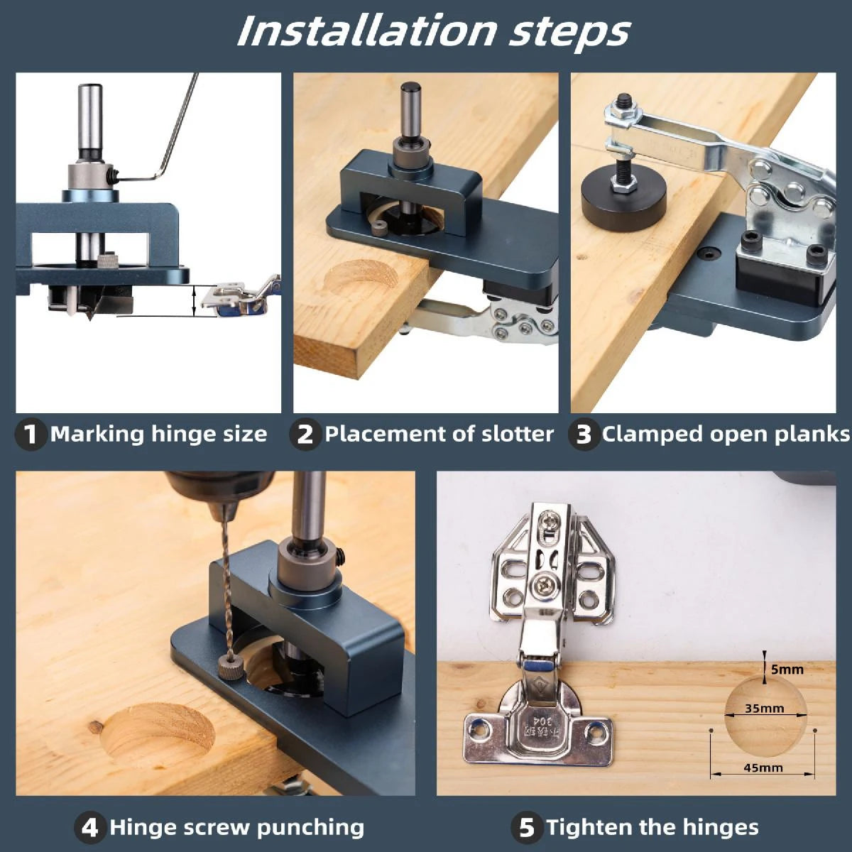 Woodworking 35mm Concealed Hinge Jig Kit or Drill Accessories, Hinge Boring Jig Drilling Guide Locator for Cabinet Cupboard Tool