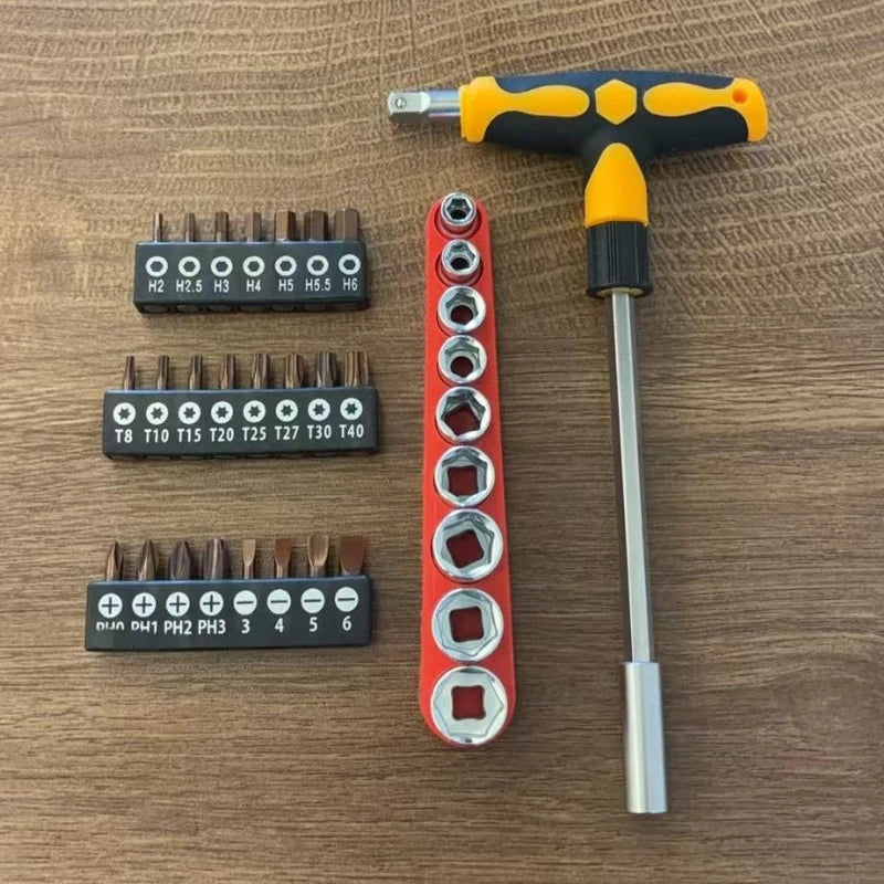 Screwdriver Set with T-Shape Cross and Straight Slot Hexagon and Plum-Shaped Heads Plus Socket Set for DIY Lovers