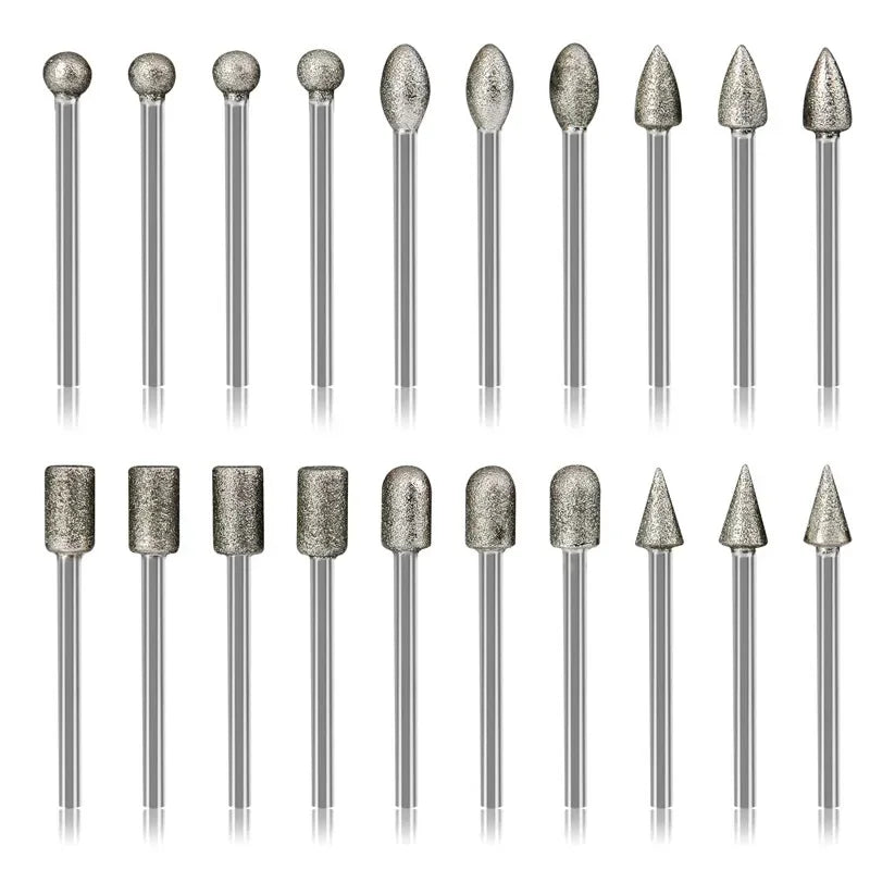 20pcs Diamond Grinding Heads Mini Bit For Rotary Drill Tool Burrs Grinding Accessories 3mm Shank Tools Kit Abrasive Tool