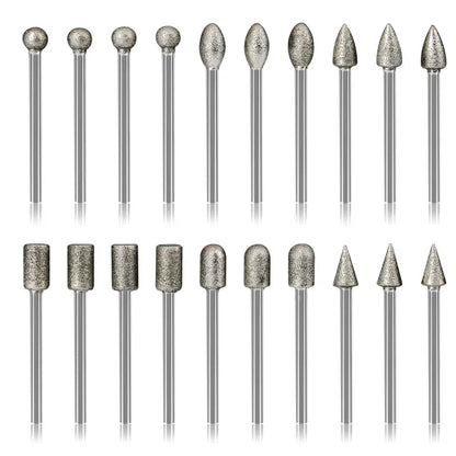 20pcs Diamond Grinding Heads Mini Bit For Rotary Drill Tool Burrs Grinding Accessories 3mm Shank Tools Kit Abrasive Tool