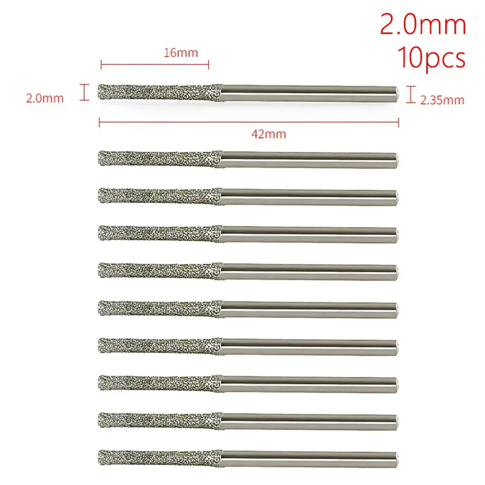 10Pcs 0.8-2.5mm Diamond Coated Drill Bits 2.35mm Shank Silver Polishing Head Grinding Burr Bits Glass Jade Amber Jewelry Diamond