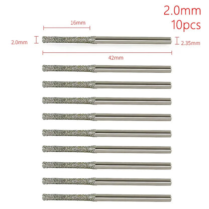 10Pcs 0.8-2.5mm Diamond Coated Drill Bits 2.35mm Shank Silver Polishing Head Grinding Burr Bits Glass Jade Amber Jewelry Diamond