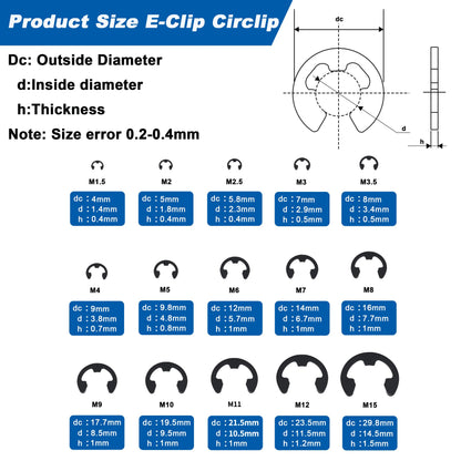 352/521Pcs Black Carbon Steel External Snap Retaining Rings Assortment Kit C-Clips E-Clips for Shaft Axle Studs Hardware