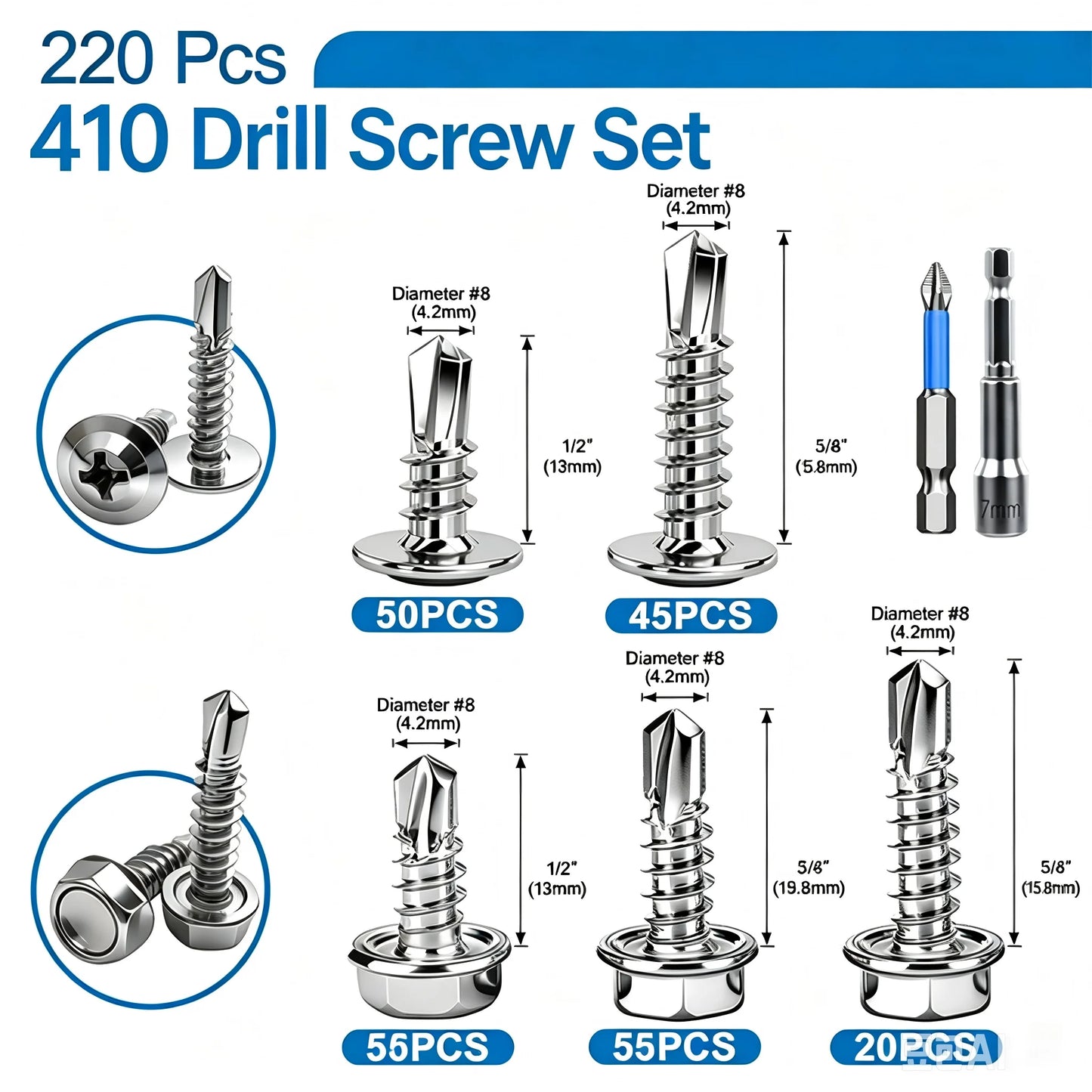 220pcs Stainless Steel Self Tapping Screw Kit 410 Self Tapping And Self Drilling Dovetail Screws M4.2 Hexagonal Head Drill Tail