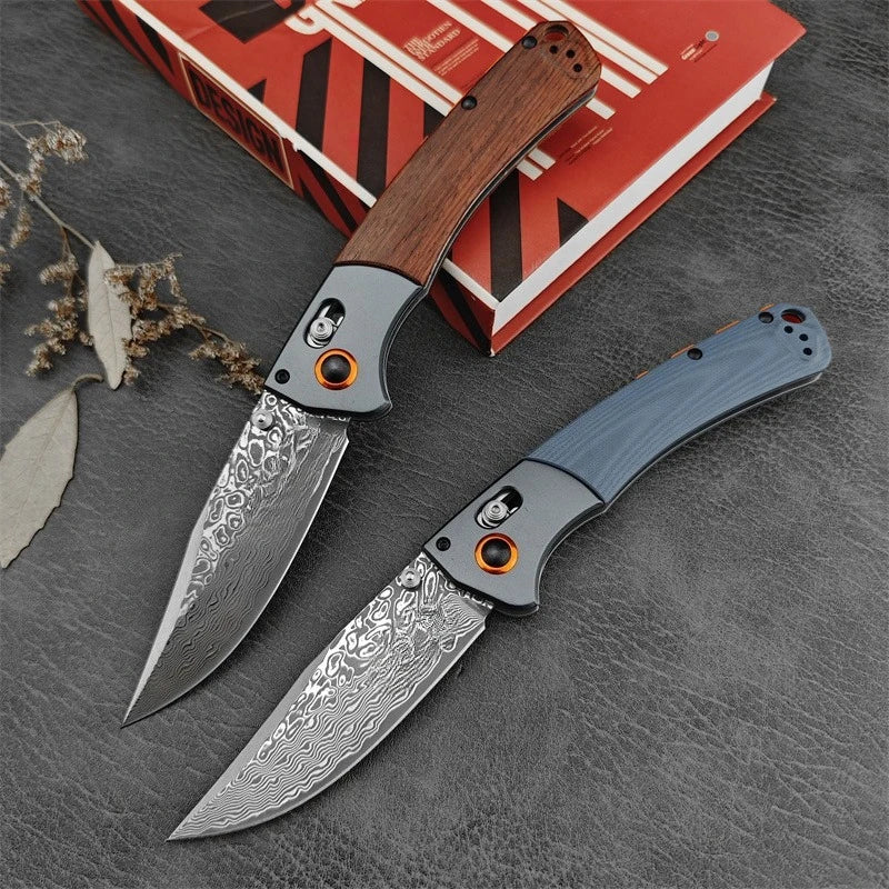 BM 15080 Damascus Steel Blade Wooden/G10 Handle Outdoor Camping Hiking Cutting Rescue Pocket Knife EDC Fishing Tool Gift for Men