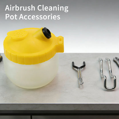 Airbrush Cleaning Pot Stand, Paint Storage Tray, Glass Reservoir Jar, Filter Cotton, and Airbrush Cleaning Tools