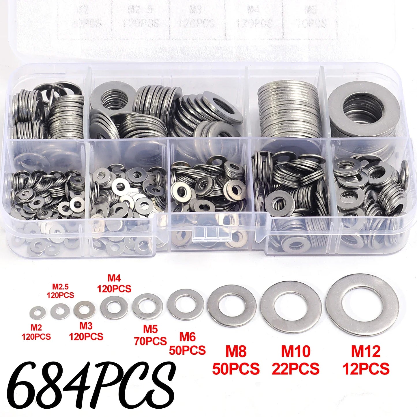 684/180PCS Stainless Steel Screw Washers Multi-function Plain Washer Gaskets Assortment Kit Sturdy Hardware Metal Washers M2-M12