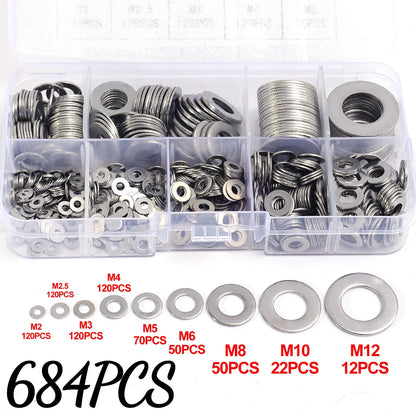 684/180PCS Stainless Steel Screw Washers Multi-function Plain Washer Gaskets Assortment Kit Sturdy Hardware Metal Washers M2-M12
