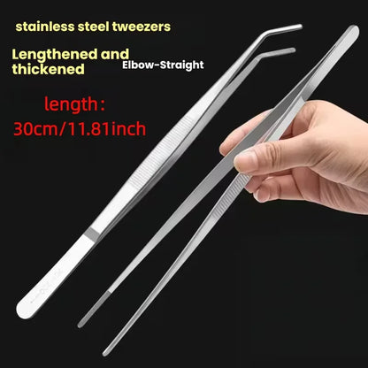 30CM Stainless Steel Tweezers with Anti-Slip Grip | Straight/Curved Tip for Electronics Repair, Fishing, Crafts