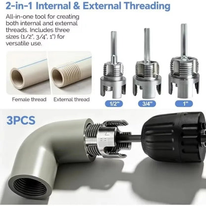 3Pcs Internal & External Pipe Threading Tool,Electric Drill Compatible Pipe Thread Cutting Tool for 1/2"3/4"1" PVC/Plastic Pipes