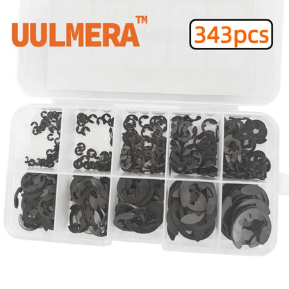 343Pcs M1.5-M10 Black Alloy Steel E Clip Set External Retaining Rings Metric Circlip for Shaft Bearing Hardware Fasteners