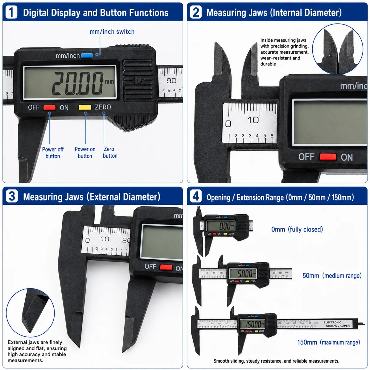 0-150mm Carbon Fiber Digital Vernier Caliper, Dual MM/INCH Unit, Measure Inner/Outer Diameter of Jewelry, Hardware Mechanical Pa