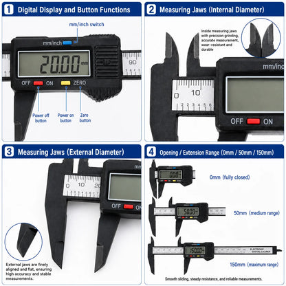 0-150mm Carbon Fiber Digital Vernier Caliper, Dual MM/INCH Unit, Measure Inner/Outer Diameter of Jewelry, Hardware Mechanical Pa