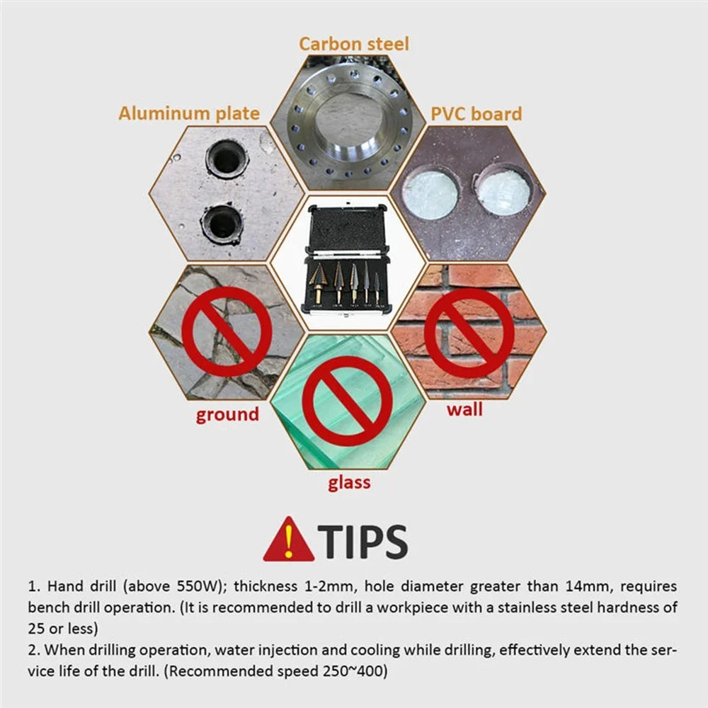 5Pcs Step Drill Bit Set HSS Cobalt Multiple 50 Sizes Conical Hole Cutter Titanium Coated Carbide Drill Bits Punch Tool for Stainless Steel Iron Sheet Metal Wood Drilling Hardware Multipurpose Industrial