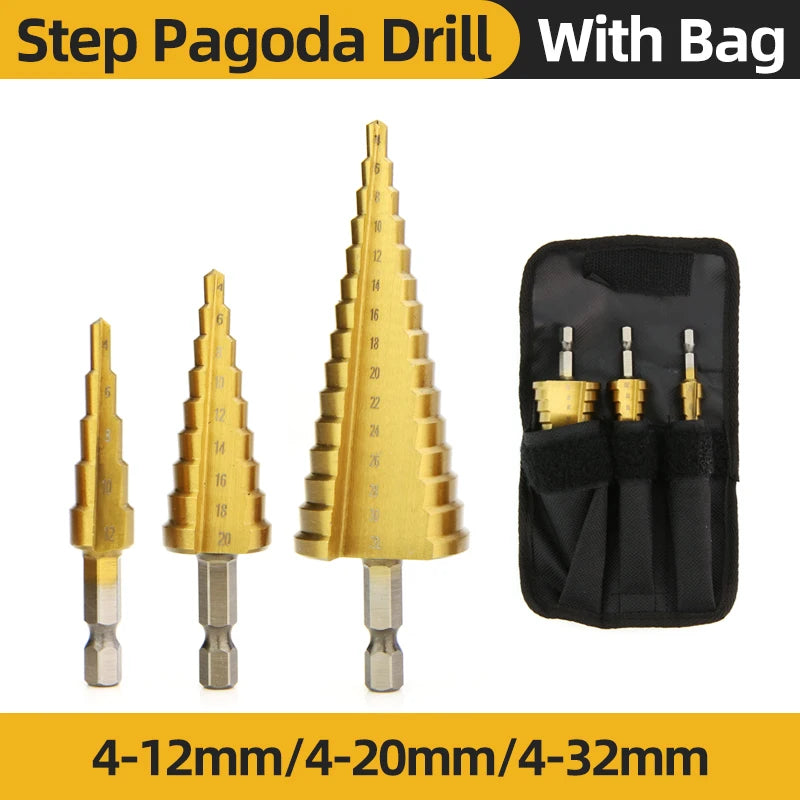 TOOLEYE HSS Titanium Step Drill Bit Stage Drills For Metal Wood High Speed Stepped Drill Set Power Tools 3-12 4-12 4-20 4-32mm