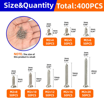 400pcs Flat Head Wood screws Assortment kit Phillips Tips screw set M2x4mm-20mm Self-tapping Screws Wood Screw