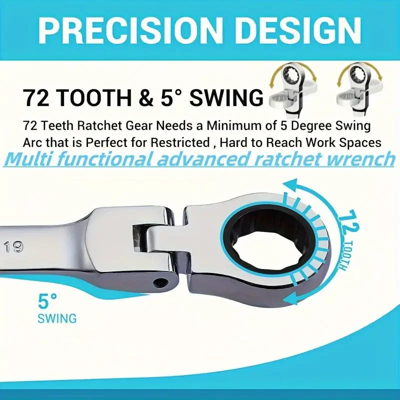 Active Head Ratchet Wrench Set, 8mm Chrome Vanadium Steel Ratchet Quick 180° Headset Activity Set, Heavy Duty Hardware Tools
