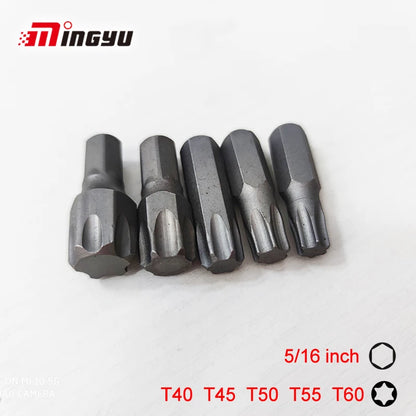5pcs 5/16 Torx T40 T45 T50 T55 T60 CR-V Screwdriver Bit Set Extra Big Shank Screw Driver Bits For Repair Hand Tool Star Bit Kit