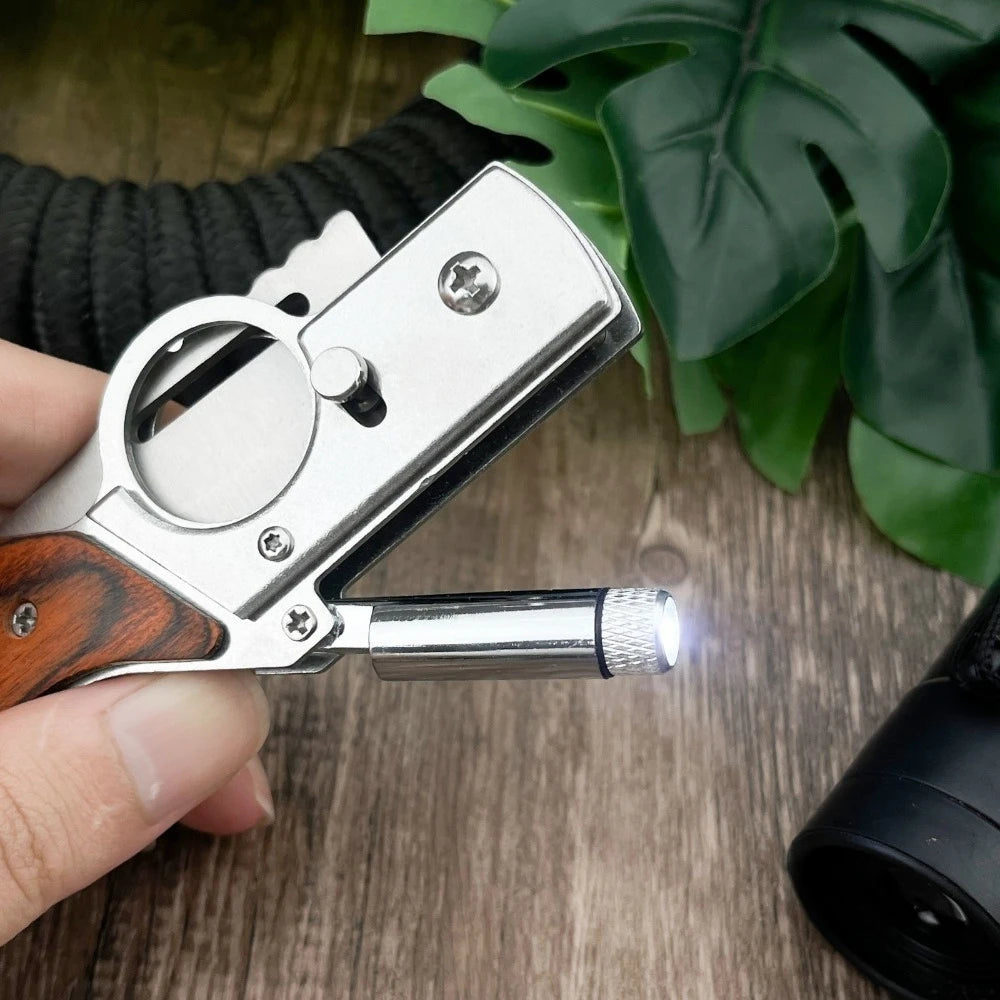 Multifunctional Folding Knife with LED Light 5Cr13Mov Blade Color Wood Handle Equipped with Pocket Clip Outdoor Hiking Portable Tool