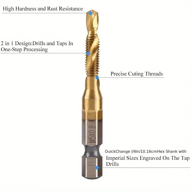 6Pcs 1/4" Hex Shank Titanium Drill Tap Combination Bit Set,  Metric Thread M3 M4 M5 M6 M8 M10 Taps Tool